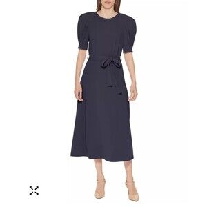 Calvin Klein Navy Blue Midi Dress with Tie Waist
